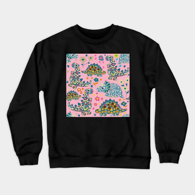 Vintage floral fabric dinosaurs with daisies on pink background Crewneck Sweatshirt by NattyDesigns